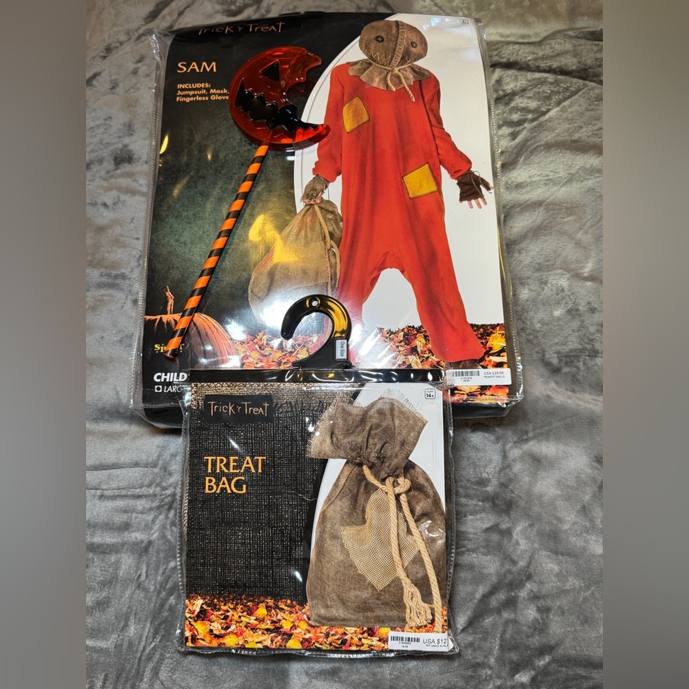 Sam costume from the movie Trick ‘r Treat with Treat bag and sucker accessory